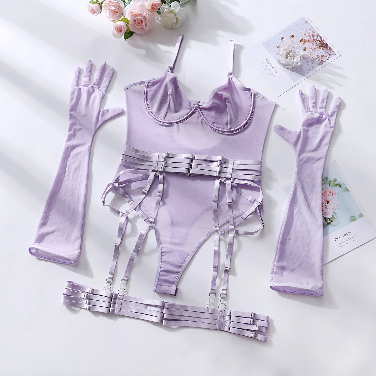 MIRABELLE Tight Fitting Lace Bodysuit See Through Sexy Lingerie Body With Gloves Garter Outfit Sissy Crotchless Mesh Top