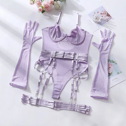 MIRABELLE Tight Fitting Lace Bodysuit See Through Sexy Lingerie Body With Gloves Garter Outfit Sissy Crotchless Mesh Top