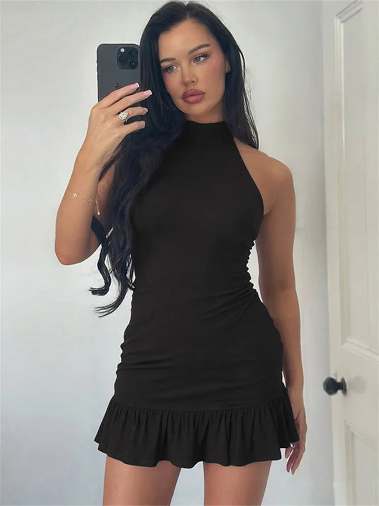 Nibber Folds Backless Dress Women Backless o-Neck Solid Thin Sleeveless Sexy Midnight Summer Trend Party Street Mini Bodycon