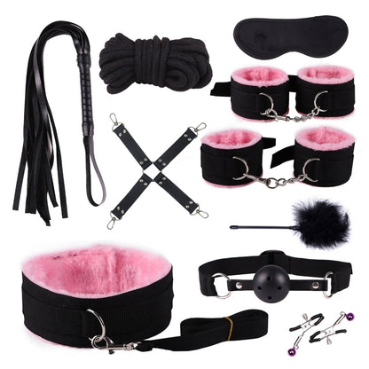 10PCS BDSM Bed Restraints Sex Toy Kits Handcuffs 18+ Adult Sex Game Sexy Suit Nipple Clipper Mouth Gag Whip Sex Feather Soft SM
