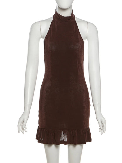 Nibber Folds Backless Dress Women Backless o-Neck Solid Thin Sleeveless Sexy Midnight Summer Trend Party Street Mini Bodycon