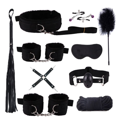 10PCS BDSM Bed Restraints Sex Toy Kits Handcuffs 18+ Adult Sex Game Sexy Suit Nipple Clipper Mouth Gag Whip Sex Feather Soft SM