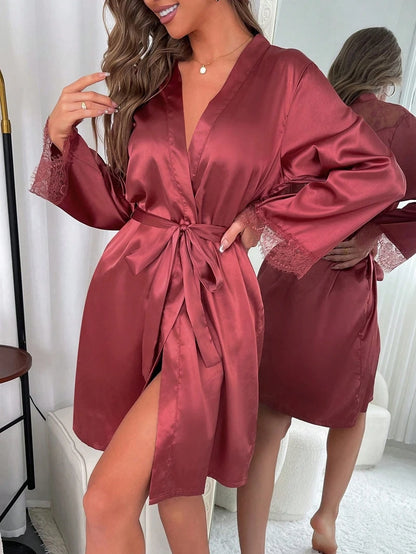 Soft And Comfortable Robe Kimono Women's Elegant Lace Nightgown Wedding Makeup Wedding Satin Bathrobe with Belt V-neck Robes