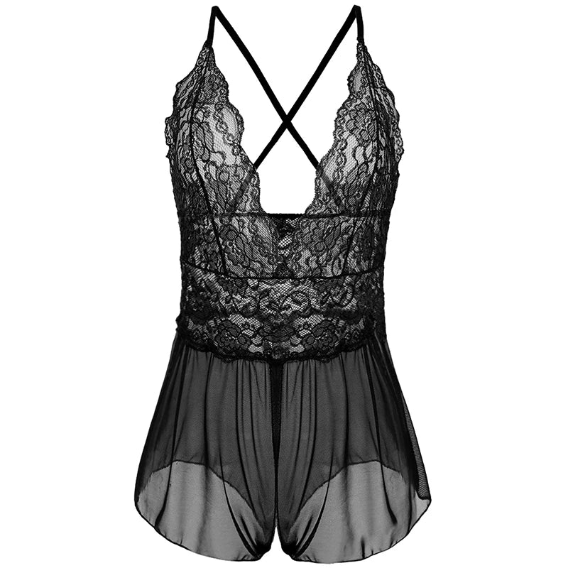 Crotchless Underwear Women Lace Mesh Transparent Bra Set Erotic Costumes Sexy Deep V Halter Neck Baby Doll Dress Lingerie Sets