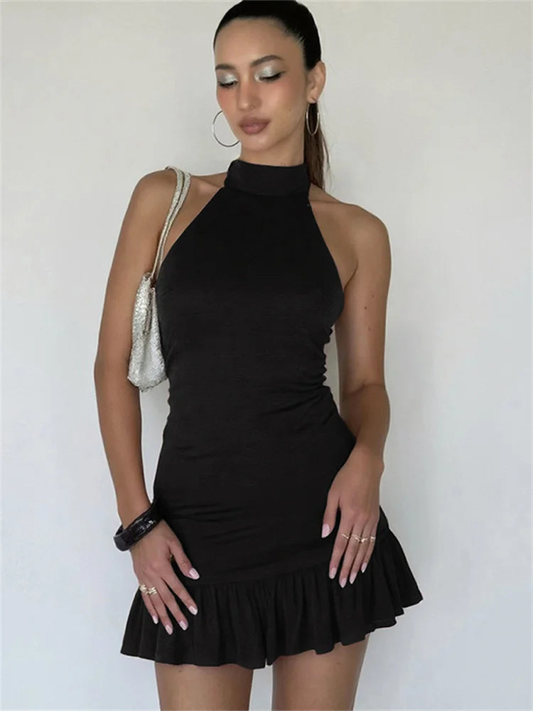 Nibber Folds Backless Dress Women Backless o-Neck Solid Thin Sleeveless Sexy Midnight Summer Trend Party Street Mini Bodycon