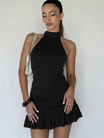 Nibber Folds Backless Dress Women Backless o-Neck Solid Thin Sleeveless Sexy Midnight Summer Trend Party Street Mini Bodycon