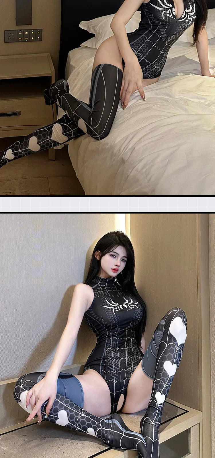 Anime She Venom Cosplay Costume Crotchless Bodysuit with Stocking Halloween Erotic Spider Woman Jumpsuit Sexy Lingerie Set