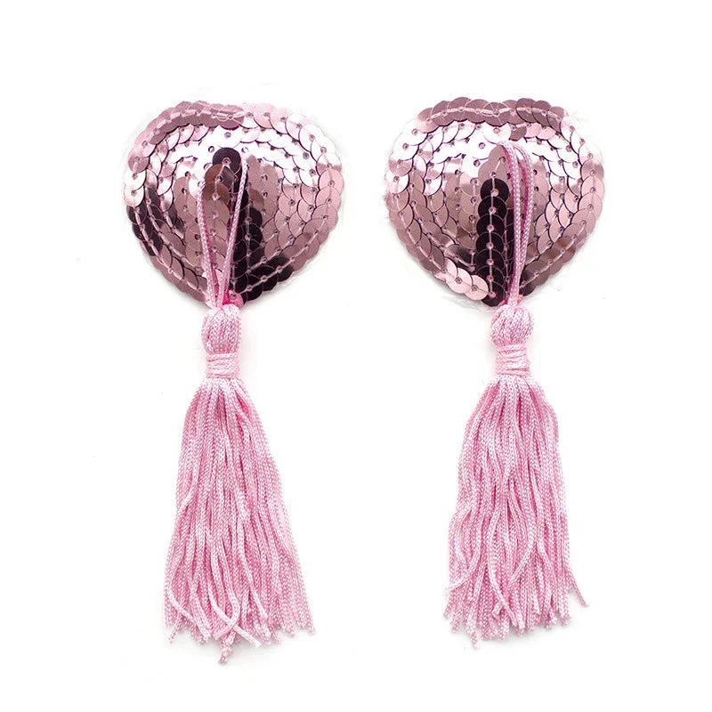 1Pair Sexy Pasties Stickers Sequin Nipple Covers with Tassels Heart Shape Nipple Stickers Pasties Wholesale Chest Stickers