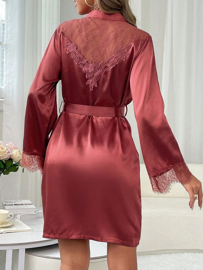Soft And Comfortable Robe Kimono Women's Elegant Lace Nightgown Wedding Makeup Wedding Satin Bathrobe with Belt V-neck Robes