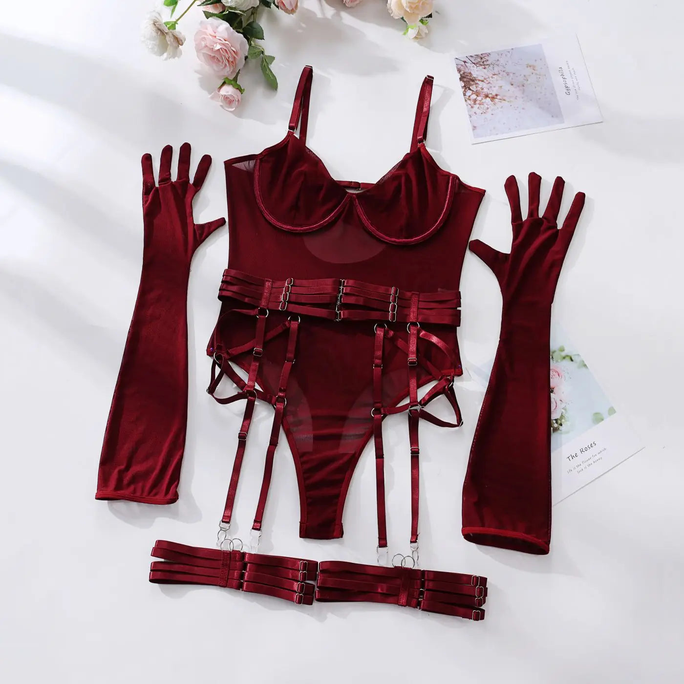 MIRABELLE Tight Fitting Lace Bodysuit See Through Sexy Lingerie Body With Gloves Garter Outfit Sissy Crotchless Mesh Top