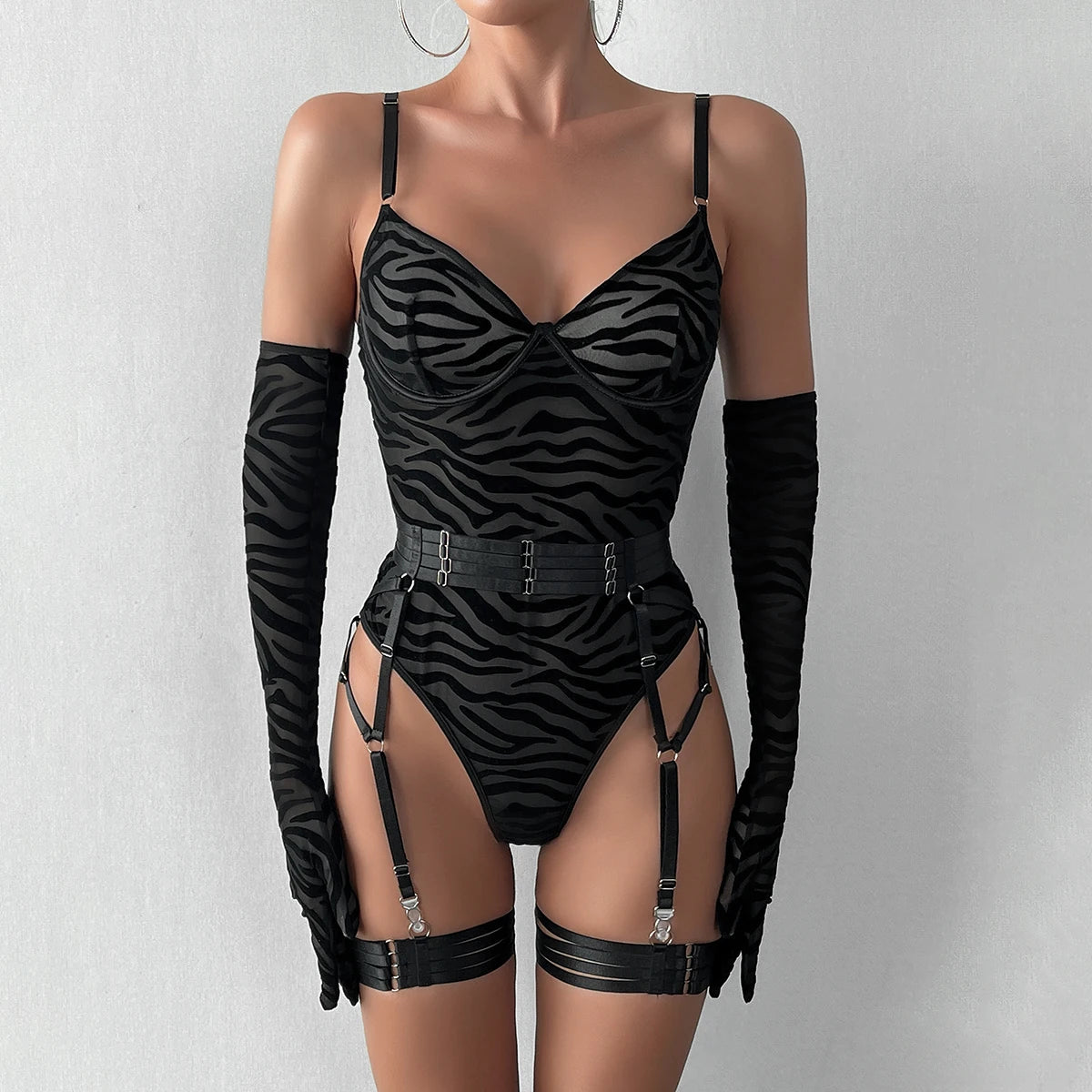 MIRABELLE Tight Fitting Lace Bodysuit See Through Sexy Lingerie Body With Gloves Garter Outfit Sissy Crotchless Mesh Top
