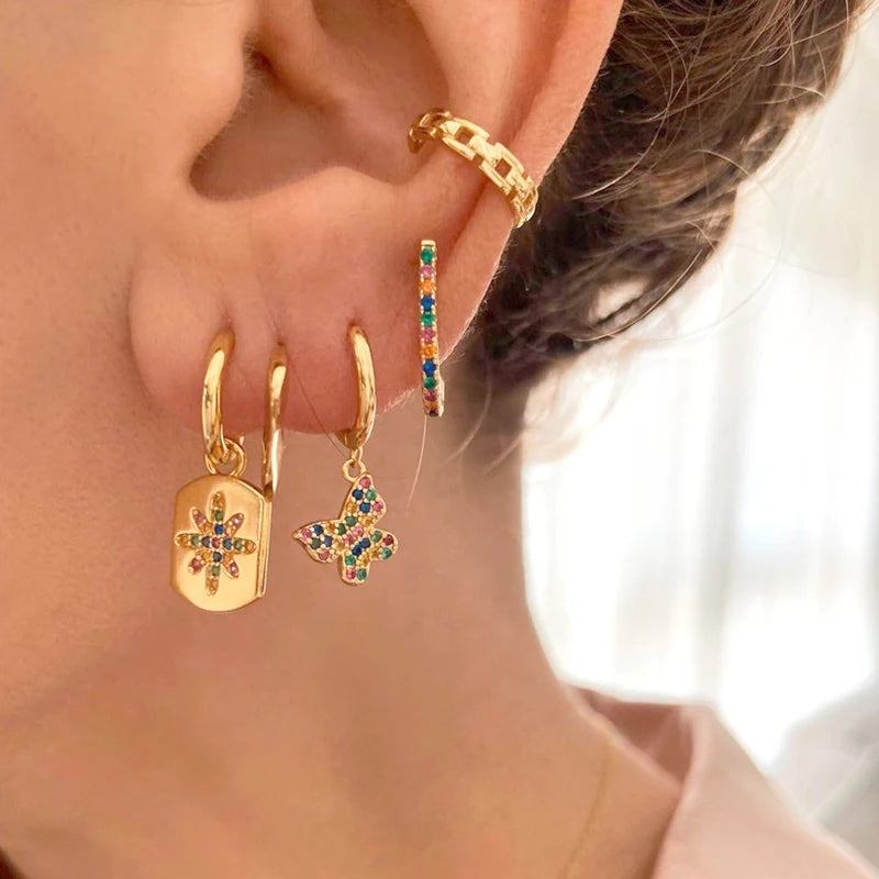 925 Silver Needle Rivet Micropaved Zircon Pendant Hoop Earrings For Women Punk Vintage Earrings Fashion Party Jewelry Gifts