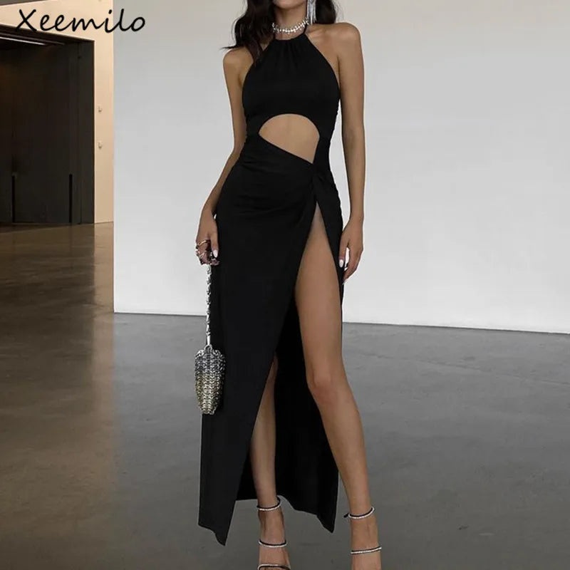 WhereMery Fashion Off Shoulder High-waist Backless Solid Long Dress Sexy Elegant Hollow Out Split Dresses Summer Women Vestidos