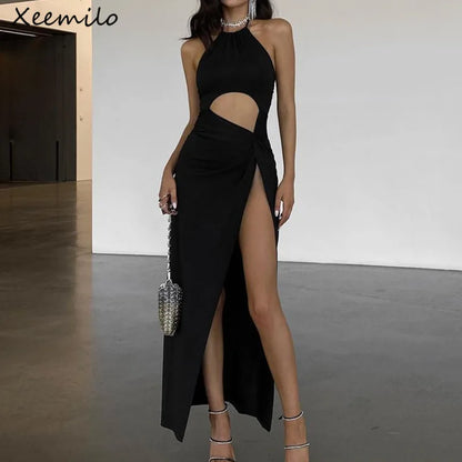 WhereMery Fashion Off Shoulder High-waist Backless Solid Long Dress Sexy Elegant Hollow Out Split Dresses Summer Women Vestidos