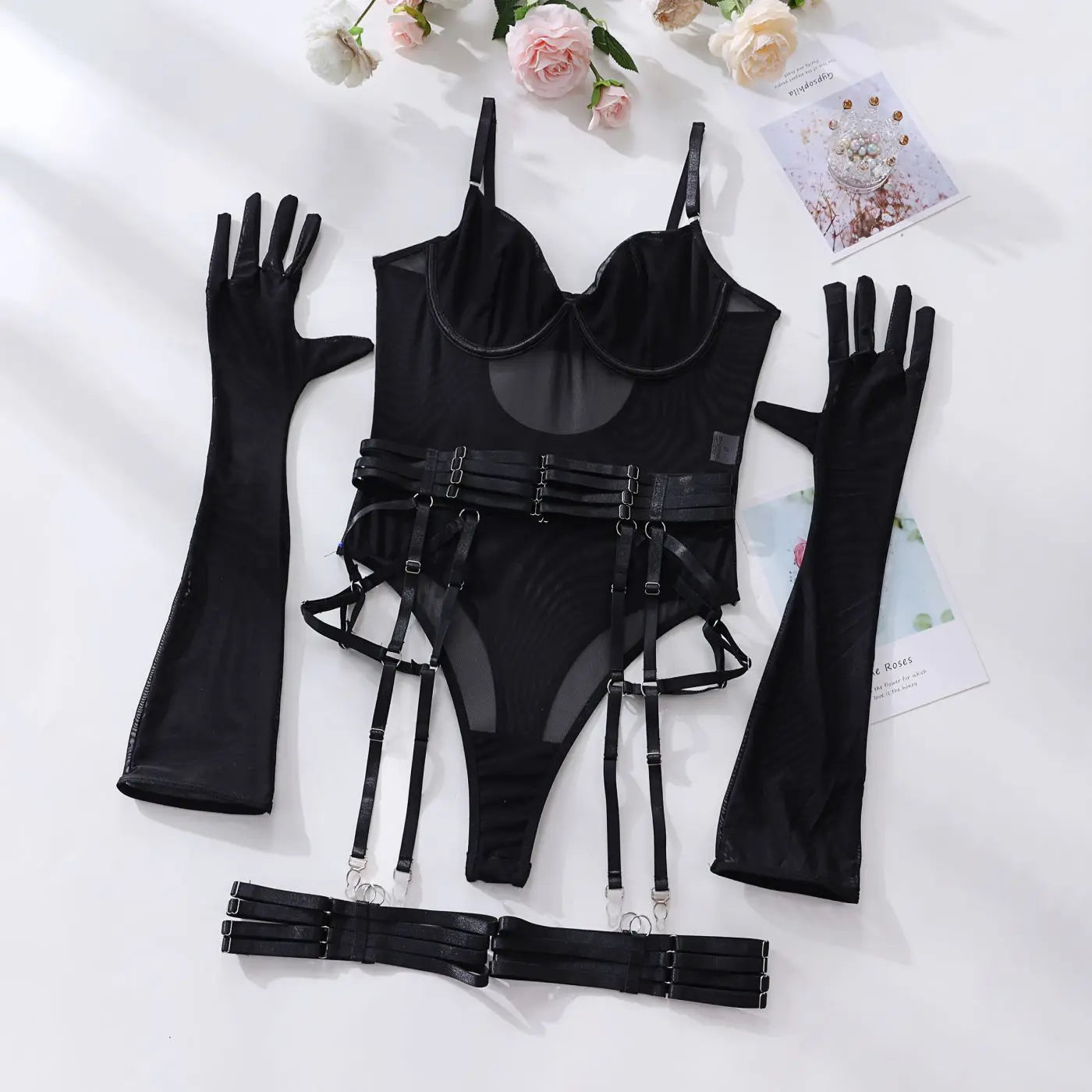 MIRABELLE Tight Fitting Lace Bodysuit See Through Sexy Lingerie Body With Gloves Garter Outfit Sissy Crotchless Mesh Top